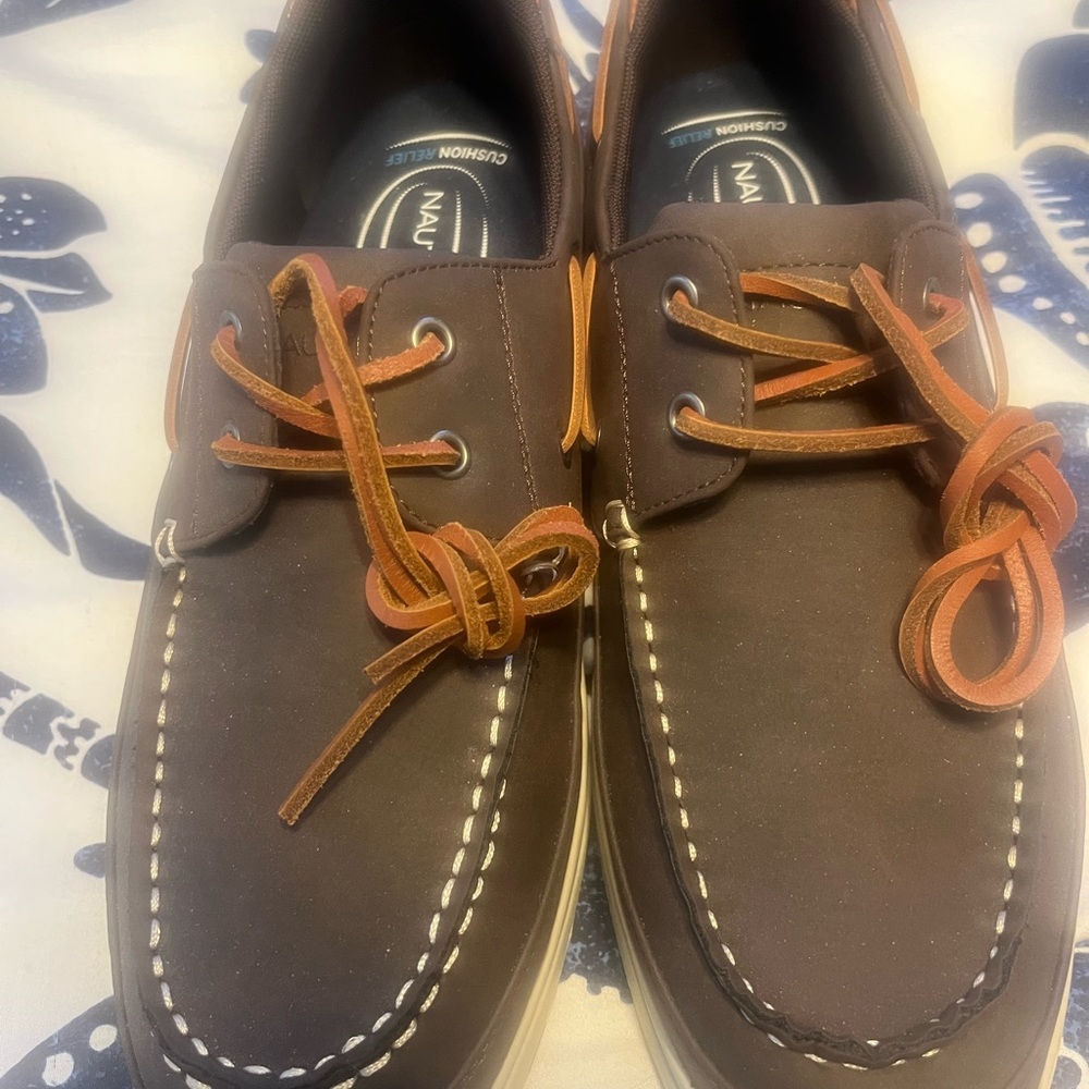 Nautica Men's Dark Brown Boat Shoes with Tan Laces
